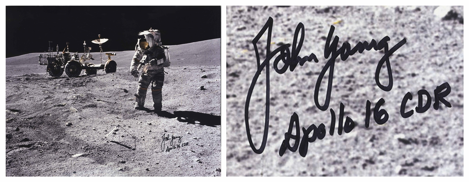 Very Rare John Young Signed 20'' x 16'' Photo of Young on the Moon -- With Novaspace COA